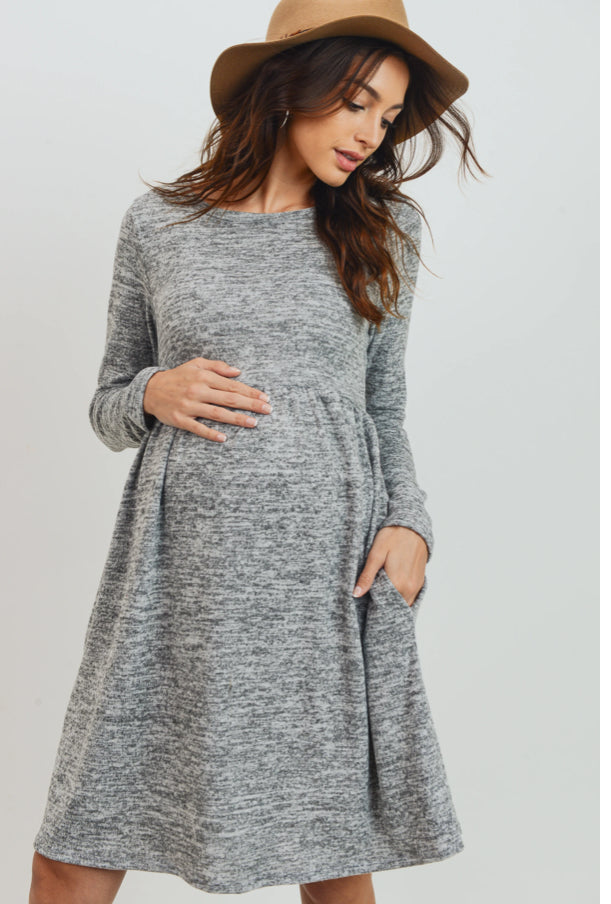 Hello Miz | Knit Long Sleeve Front Pleat Side Pocket Maternity Dress | GREY